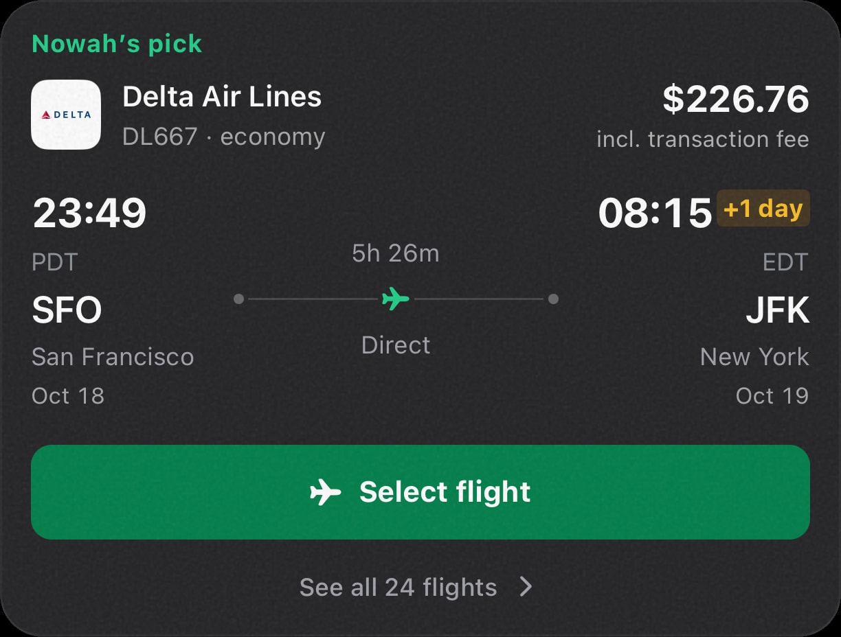 Illustrative Nowah bookable flight recommendation
